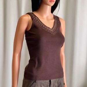 Vintage Y2K Hilliard Hanson Brown Ribbed V-Neck Tank Top Sequins Whimsygoth Sz S